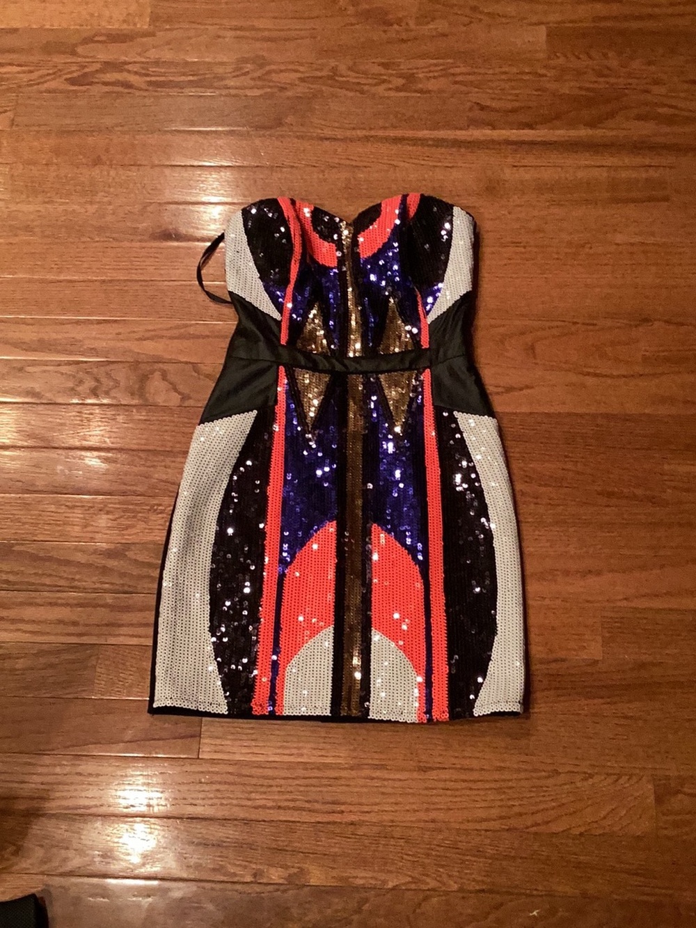2B Bebe Strapless Sequin Dress in Black, pink, purple, white and gold